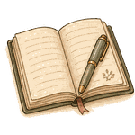 An illustrated journal lying open with a pen resting on it