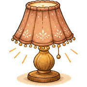 An illustrated bedside lamp, lit