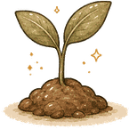 An illustrated young seedling with two leaves, growing out of dark soil