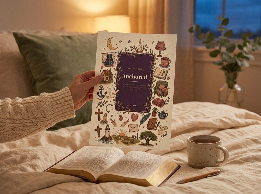 A hand holding up a sheet printed at home, the Complete Edition cover, with an open Bible and a mug on the bed