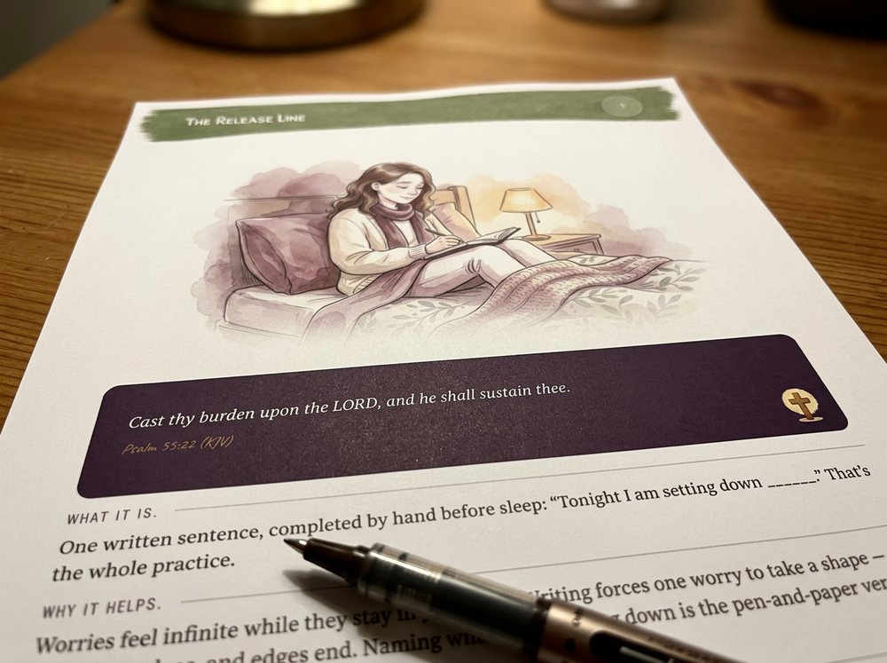 The top of a printed practice page under a lamp: the title, the illustration and the verse beneath