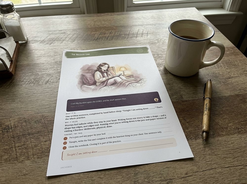 A page printed at home on a kitchen table by a window, beside a mug and a pen
