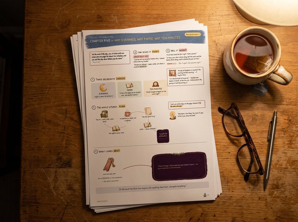 A stack of pages printed at home on a kitchen table, beside tea and reading glasses