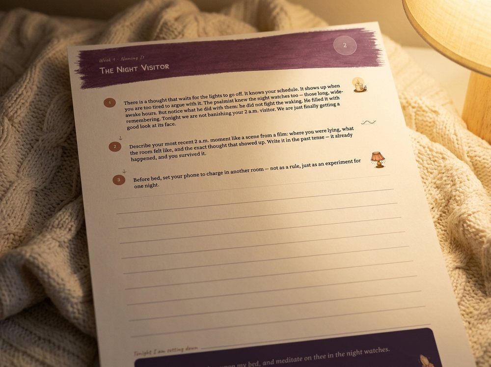 The top of a printed evening page on a knitted blanket: the night title and its three prompts