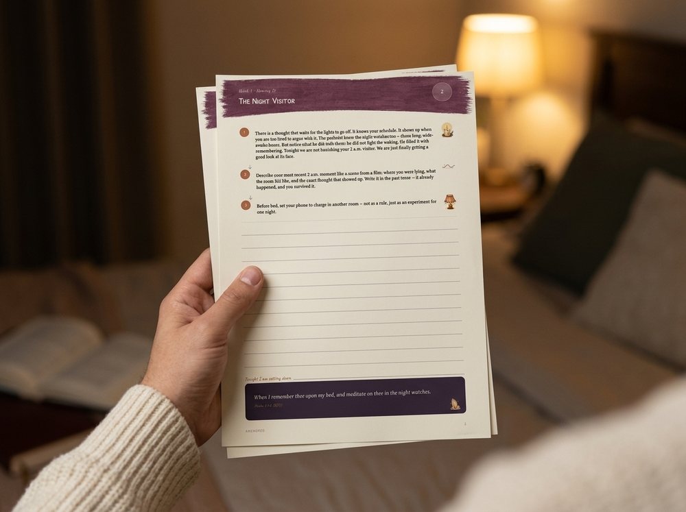 A hand holding a small stack of pages printed at home, in a bedroom by lamplight