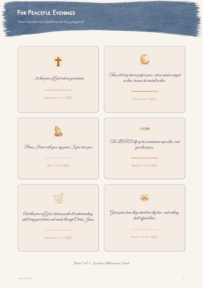A sheet of Scripture Affirmation Cards, each card carrying one King James verse and its reference