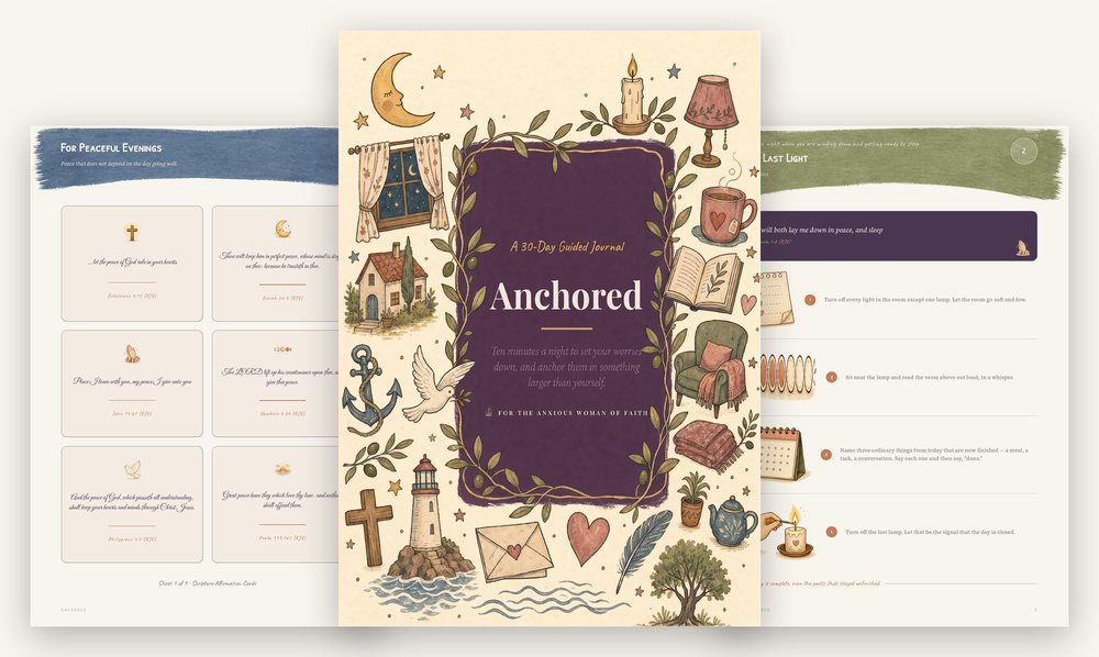 The three pieces of the Quiet Collection side by side: a sheet of Scripture cards, the cover of the 30-Day Edition, and one of the evening rituals
