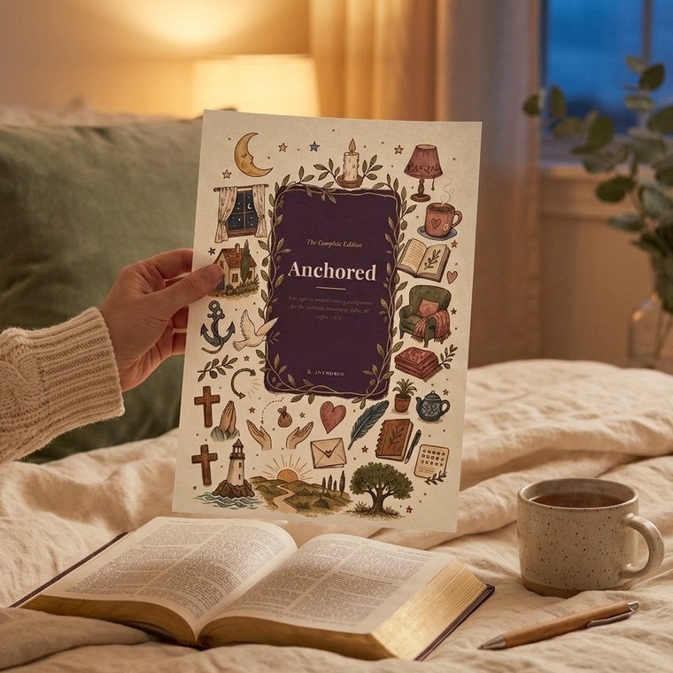 A hand holding up the Complete Edition cover, printed at home on one sheet, by a bed in the evening