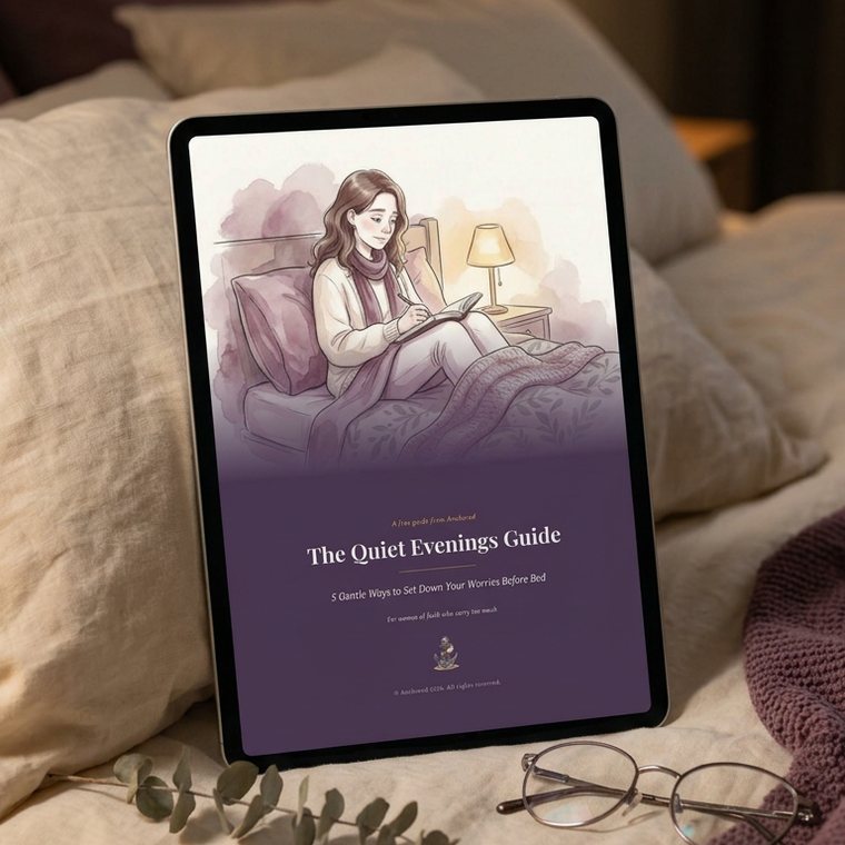 The Quiet Evenings Guide, open on a tablet standing on a bed