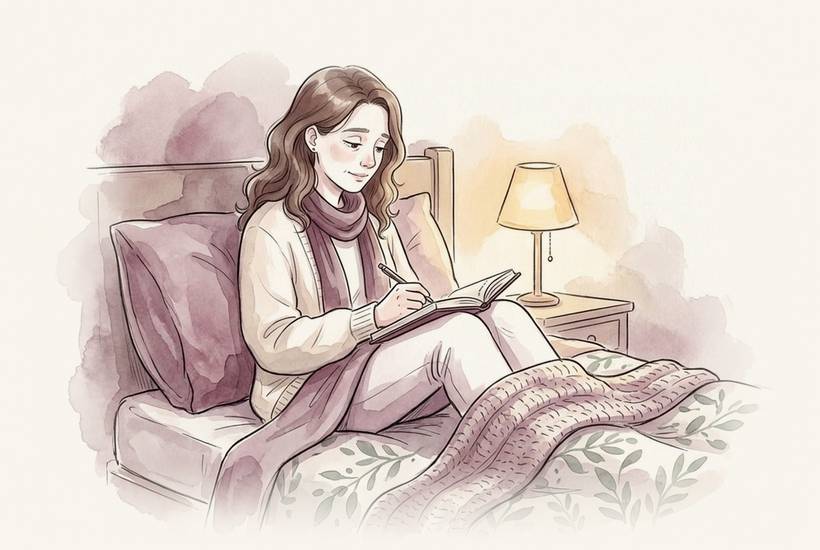 A woman writing one line in a notebook before bed