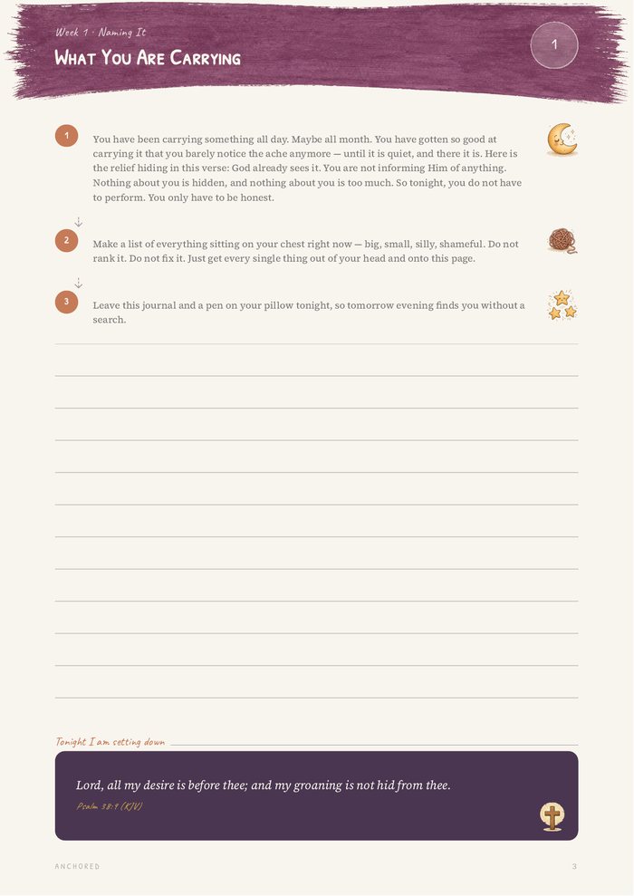 Page three of the 30-Day Edition: the first night, with its verse and writing space