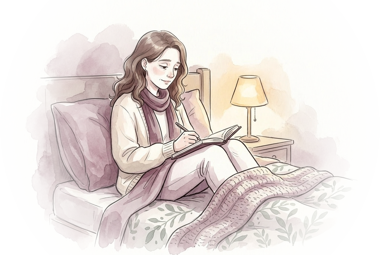 A woman resting quietly in a soft-lit evening room
